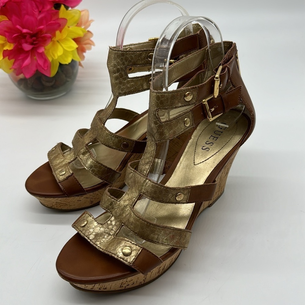 Guess Gold Cork Wedge Sandals Size 8 MCW6297B